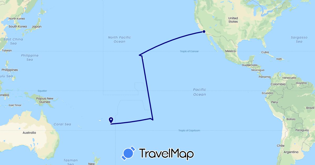 TravelMap itinerary: driving in France, Tonga, United States (Europe, North America, Oceania)